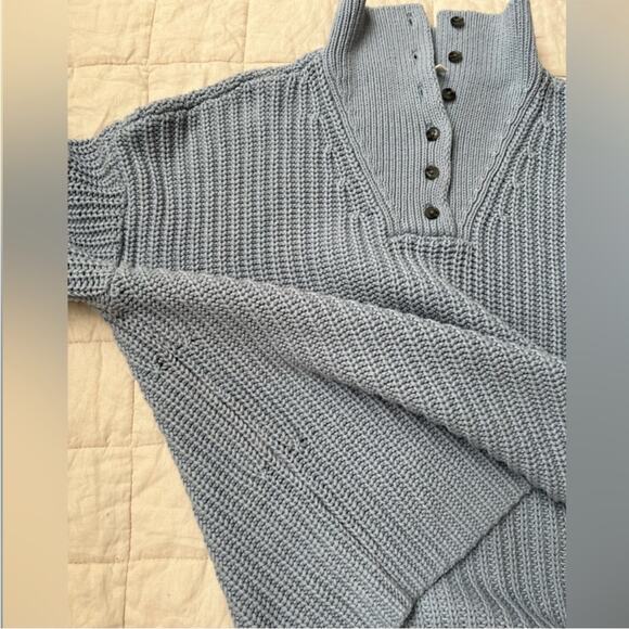 Blue Quarter Button V Neck Chunky Knit Sweater Fisherman Nautical Preppy - Med - Picture 3 of 10